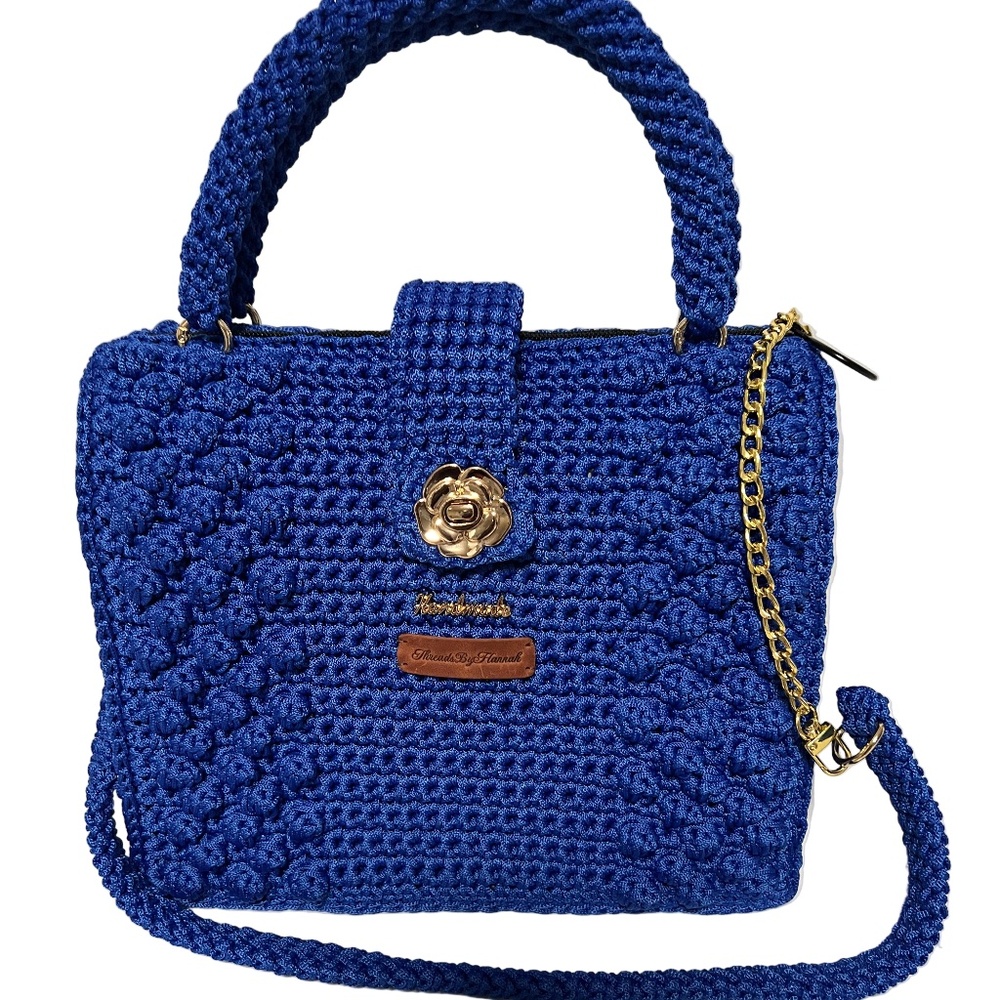 Handmade Blue Crochet Trapezoid Shoulder Handbag